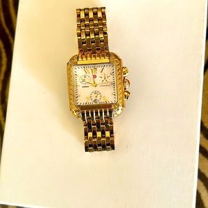 Michele Urban watch, 18 karat gold plated, pave diamond bezel.